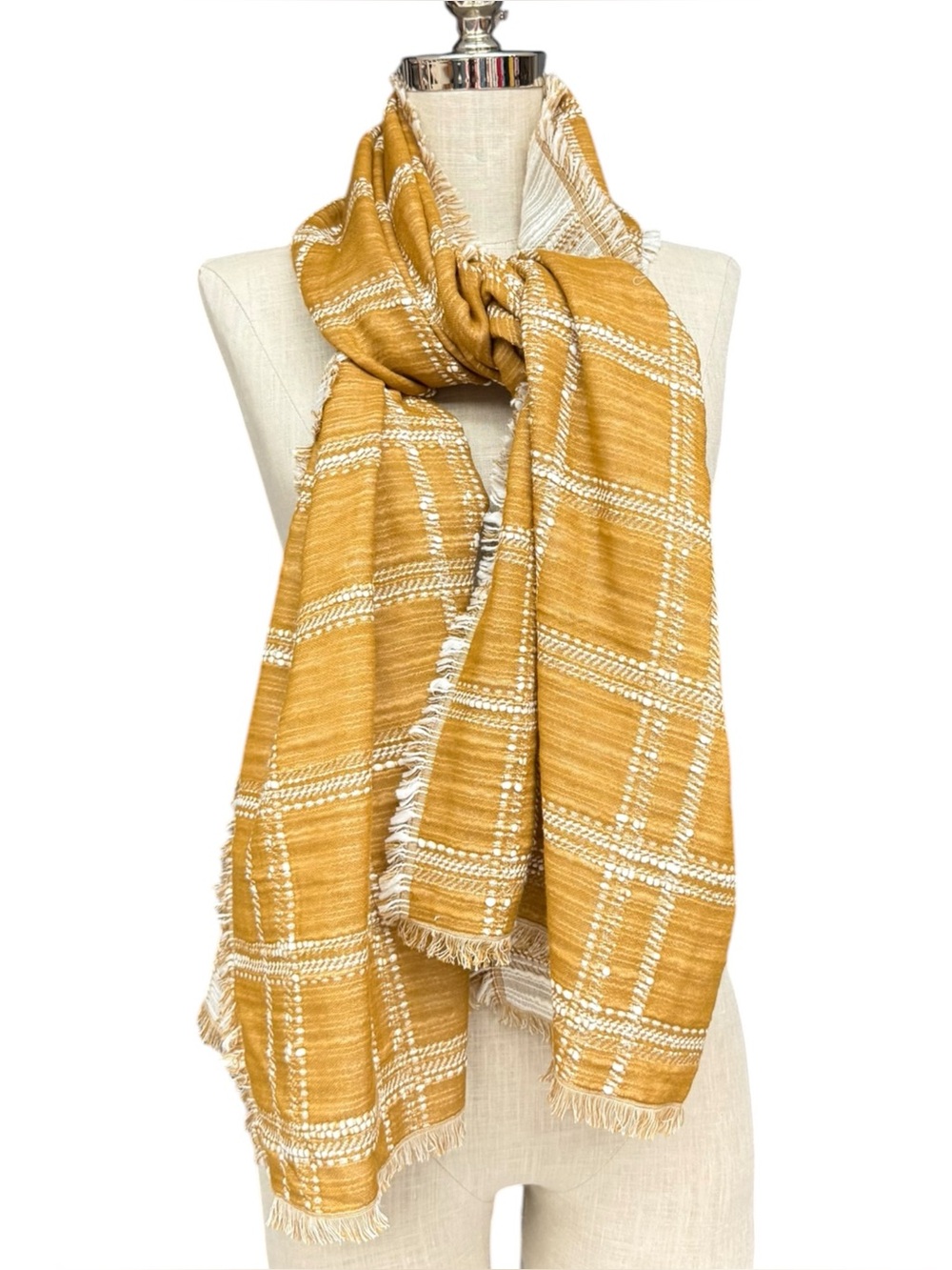 Madewell Mustard Plaid Blanket Scarf Wrap Fringe Large Shawl Wool Blend - Picture 5 of 10